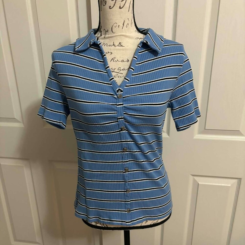 Women's Blue & Black Striped Short-Sleeved Knit Top